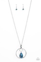 Blue Pendant Necklace Long Silver Chain Iridescent Jewelry - Swinging Shimmer