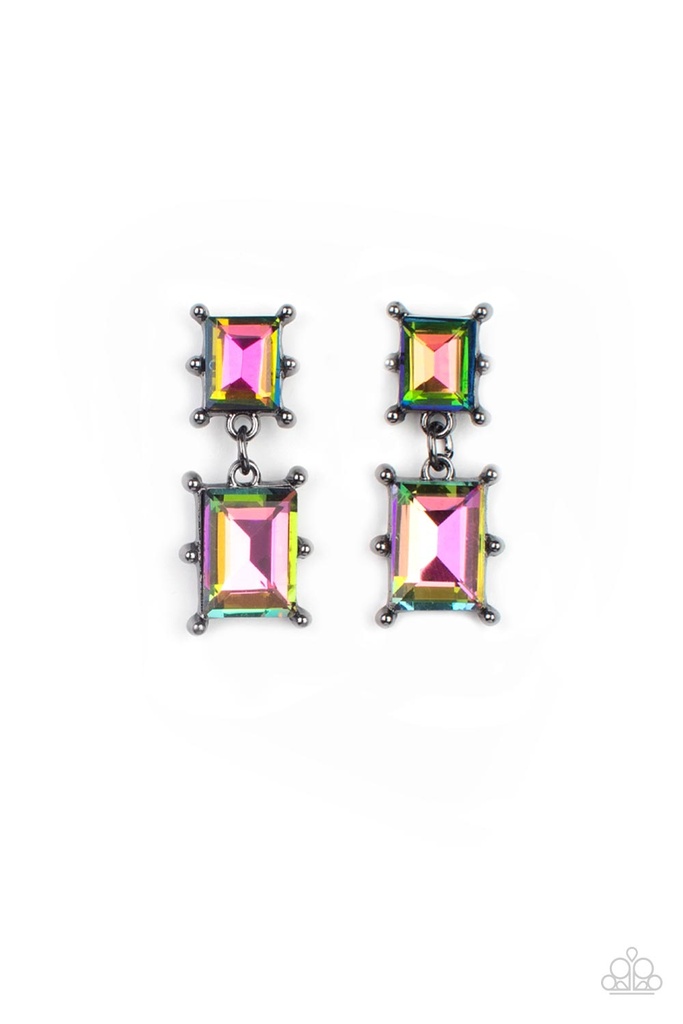 Multi Color Oil Spil Gunmetal Dangle Post Earrings - Cosmic Queen