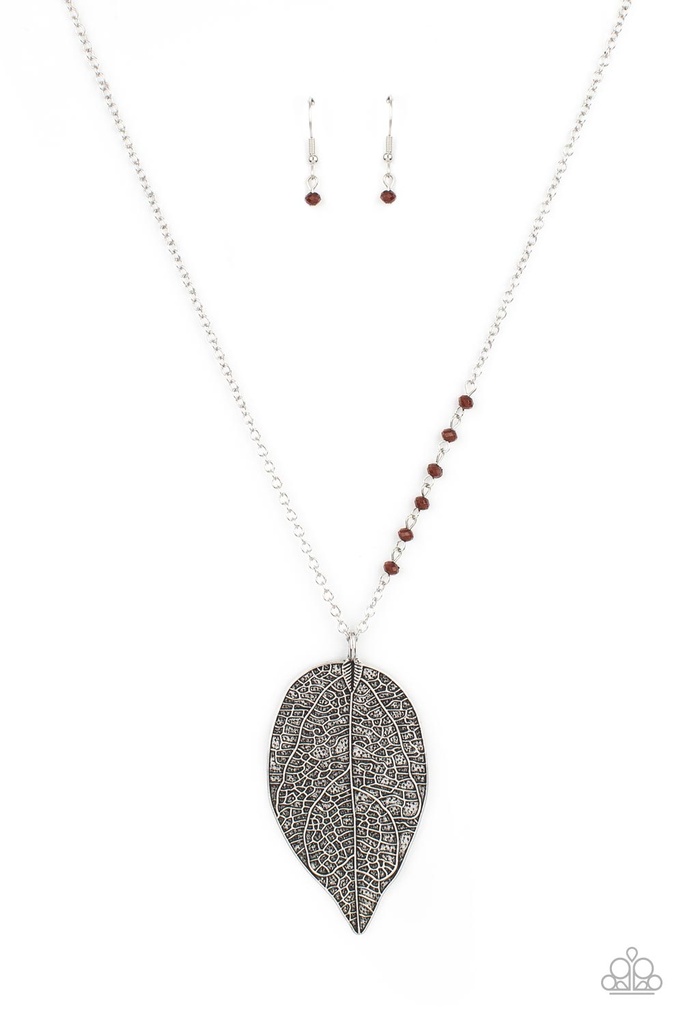 Leaf Pendant Necklace Brown Beads and Embossed Design - Frond Fantasy