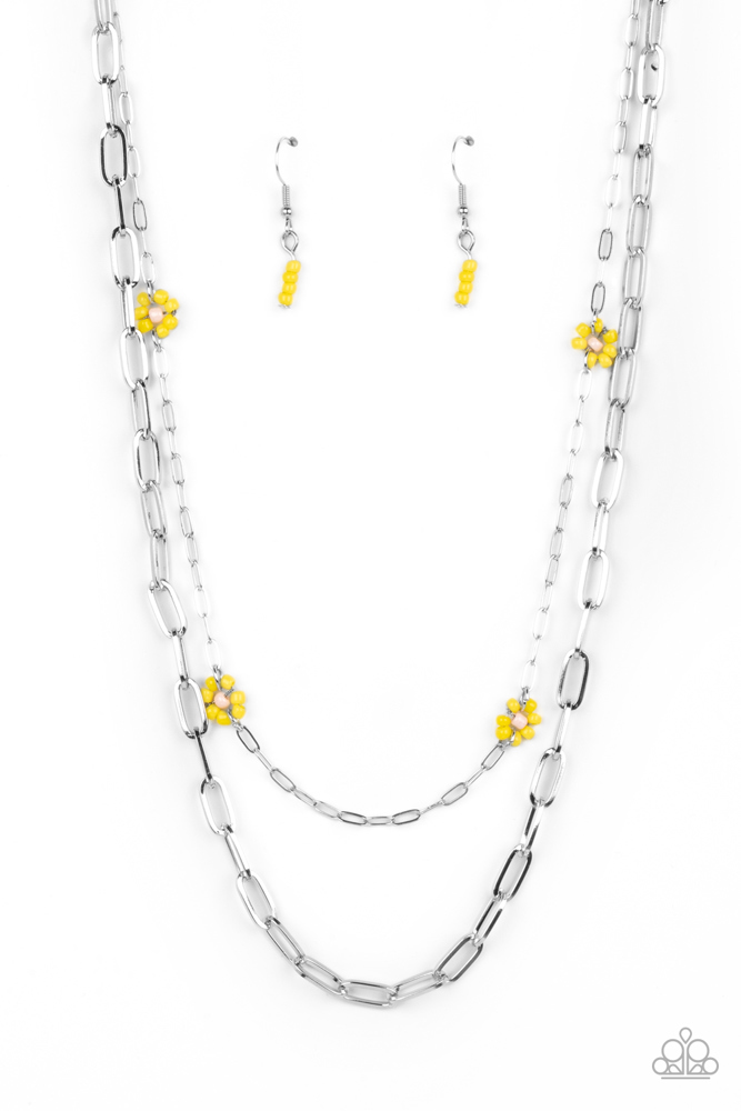 Layered Paperclip Necklace with Yellow Seed Bead Flowers - Silver Chains - Bold Buds