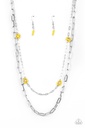 Layered Paperclip Necklace with Yellow Seed Bead Flowers - Silver Chains - Bold Buds