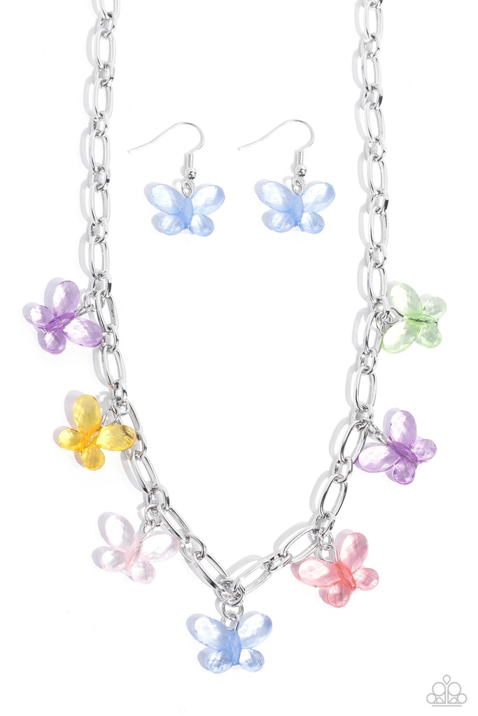 Butterfly Necklace with Paperclip Chain in Silver and Multi Color - Butterfly Balance