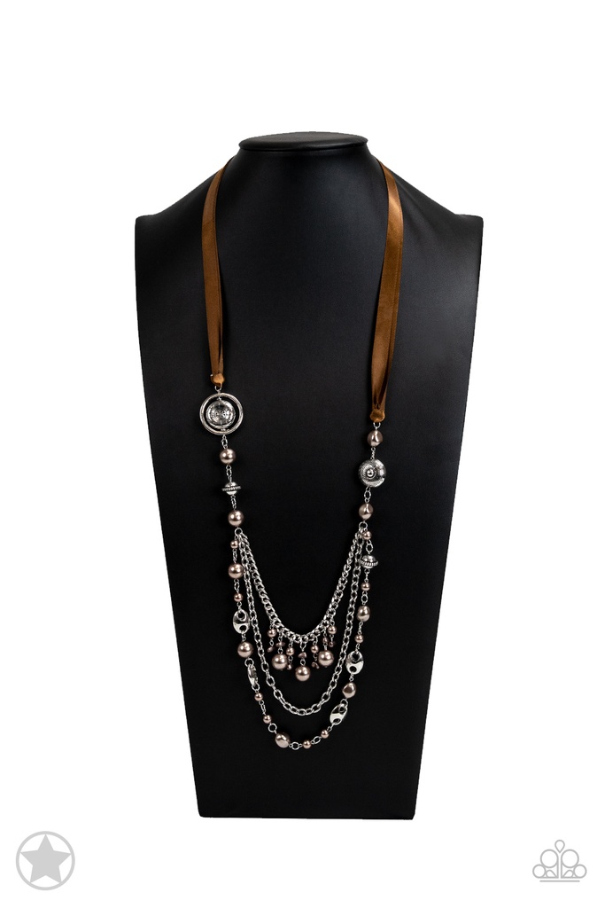 All The Trimmings - Brown Ribbon and Pearly Beads Necklace