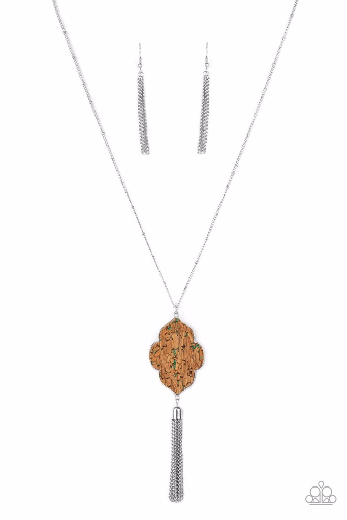 Pendant Necklace with Green Glitter Cork in Silver  - One Night In Casablanca