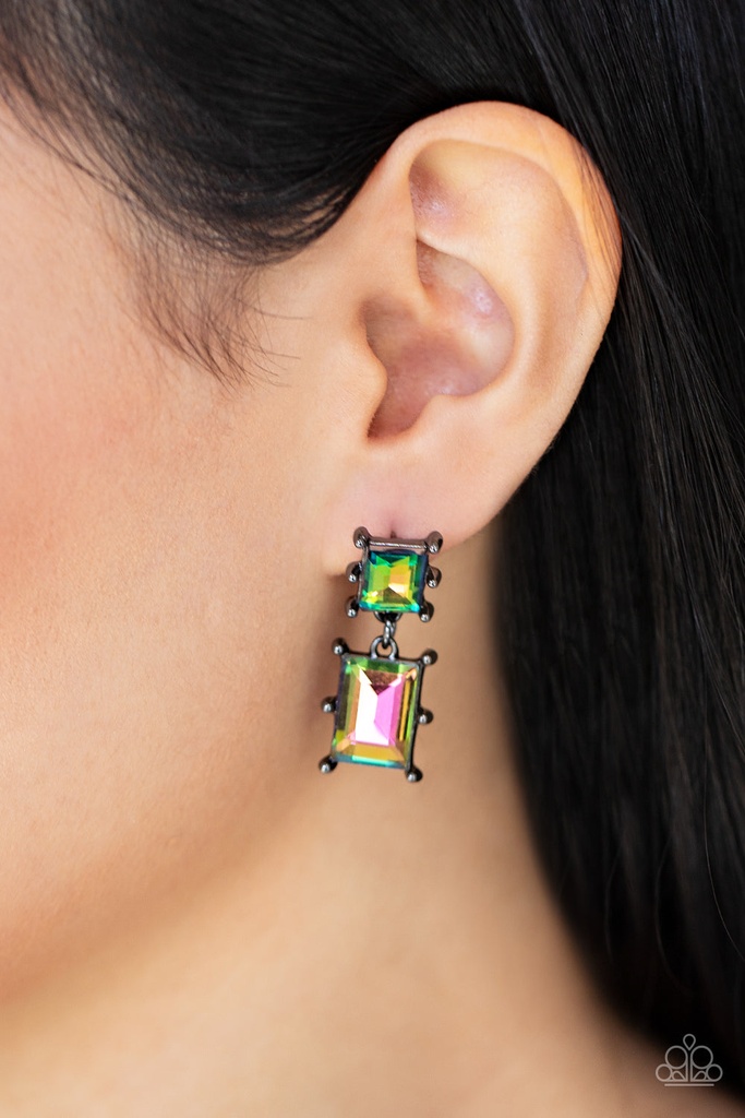 Multi Color Oil Spill Gunmetal Dangle Post Earrings - Cosmic Queen