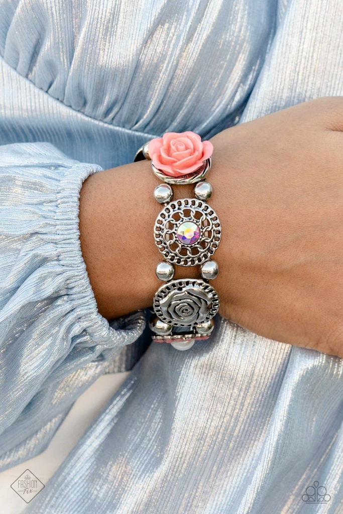 Flower Stretch Bracelet - Orange and Silver - Optimistic Oasis