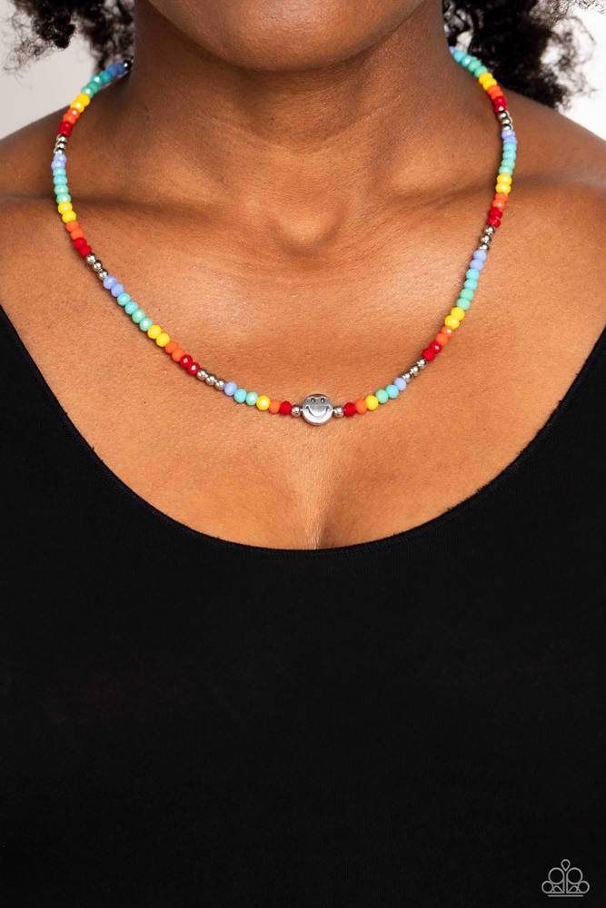 Smiley Face Beaded Necklace in Rainbow Colors - Beaming Bling