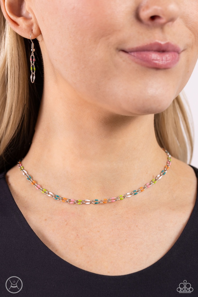 Trendy Multi Color Chocker Necklace in Silver Chain - Admirable Accents