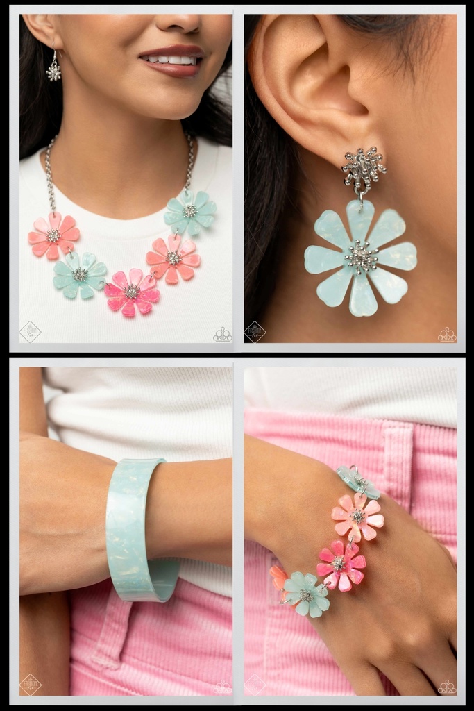Acrylic Flower Jewelry Set in Pastel Colors and Silver Accents - Fashion Fix - Pastel Promenade