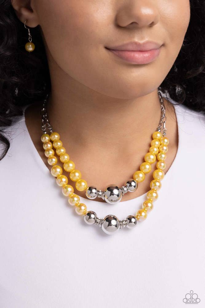 Layered Necklace with Yellow Pearls Lemon Color and Silver Beads and Silver Clasp - Ballroom Balance