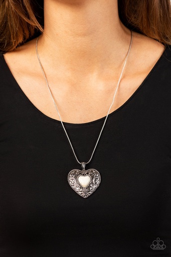 [125] White Stone Heart Necklace with Silver Snake Chain - Wholeheartedly Whimsical