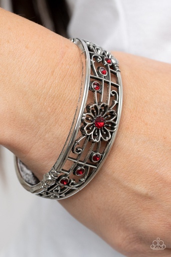 [128] Hinged Bracelet with Crystals in Red and Silver Floral Design - Prairie Musical