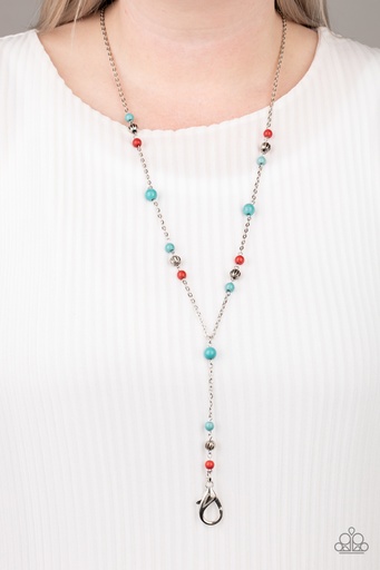 [189] Beaded Necklace Lariat with Red and Turquoise Stones in Silver - Sandstone Savannah's