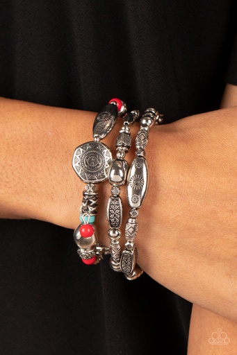 [211] Red and Turquoise Bracelet Set in Silver Stretch - Western Quest