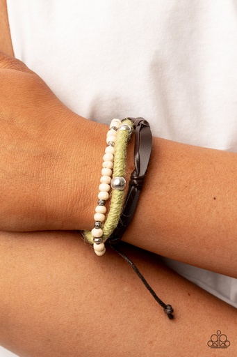[223-GR] Leather Bracelet Urban with Green Beads and Twine - Timber Trail