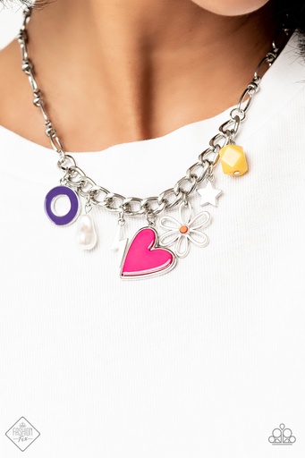 [232] Heart Necklace Charm in Hot Pink, Yellow, Purple in Silver Thick Chain - Living in CHARM-ony