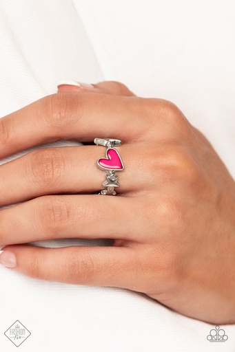 [233] Stretch Ring Pink Heart in Silver Adjustable Ring Band - Contemporary Charm