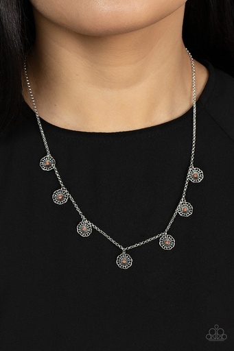 [285] Delicate Necklace Orange and Silver Flowers - Prairie Perennial