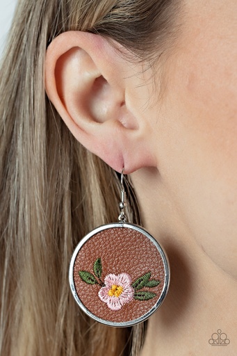 [297] Leather Earrings Pink Flower Embroidered in Silver Dangle - Prairie Patchwork