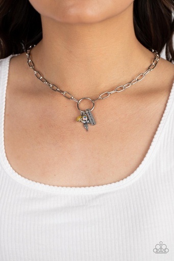 [306] Bird Necklace - Silver Paperclip Chain and Yellow Gem - Inspired Songbird