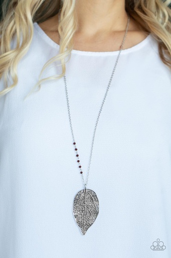 [316] Leaf Pendant Necklace Brown Beads and Embossed Design - Frond Fantasy