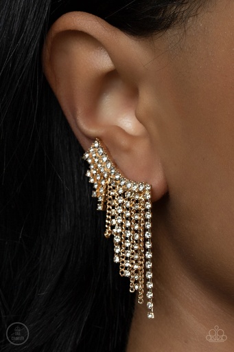 [375] Ear Climber Earrings Gold Fringe and White Crystals - Thunderstruck Sparkle
