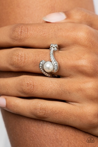 [380-R] Pearl Stretch Ring with Crystals in Silver Adjustable Ring Band - Envious Enrapture