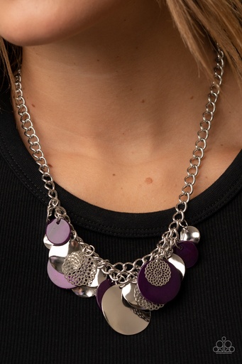 [401] Purple Necklace with Charm Discs in Silver Chain - Oceanic Opera