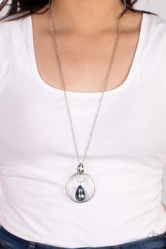 [407] Blue Pendant Necklace Long Silver Chain Iridescent Jewelry - Swinging Shimmer
