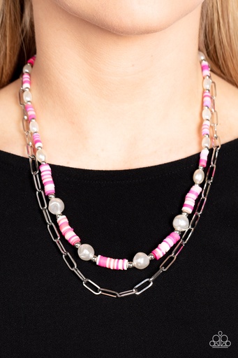 [409] Paperclip Necklace Layered Pink Rubber Discs with Baroque Pearls and Silver Chain - Tidal Trendsetter
