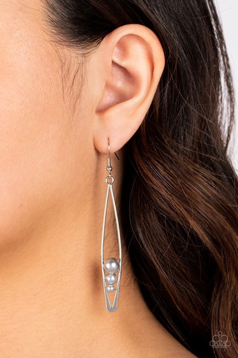 [206-E] Gray Pearl Earrings Long Silver Dangle - Atlantic Allure