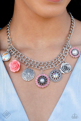 [421-N] Flower Charm Necklace Orange Rose Medallion Jewelry - Garden Grace