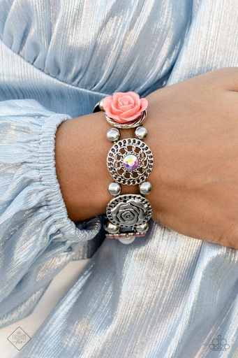 [421-B] Flower Stretch Bracelet - Orange and Silver - Optimistic Oasis