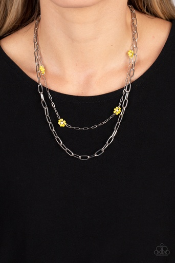 [389-N] Layered Paperclip Necklace with Yellow Seed Bead Flowers - Silver Chains - Bold Buds