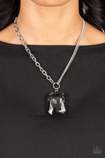 [327-N] Oversized Black Gem Pendant Necklace in Silver Chain - Instant Intimidation