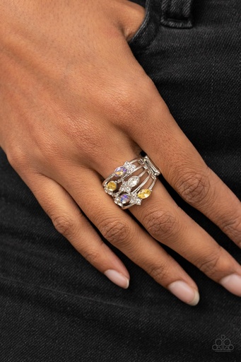 [500] Stretch Ring with White, Yellow and Iridescent Crystals Silver Adjustable Ring Band - Ethereal Escapade
