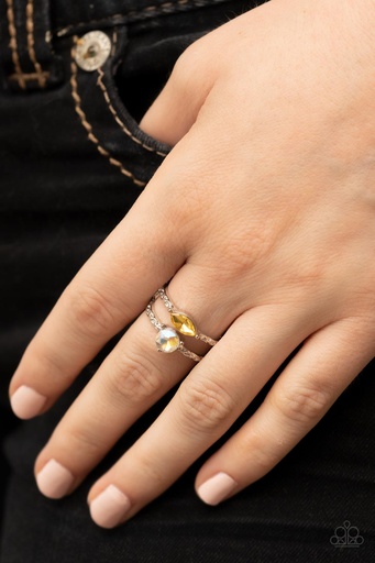[302-R] Iridescent Crystal Stretch Ring in Yellow with silver Adjustable Ring Band - Embraceable Elegance