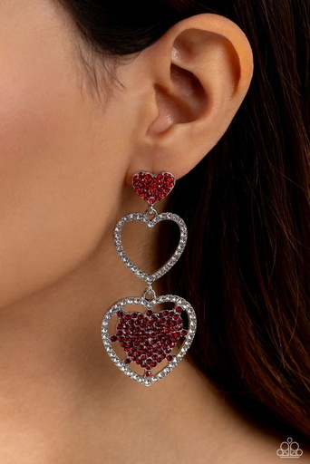 [332-N-RD] Love Heart Drop Post Earrings with White and Red Earrings - Couple's Celebration